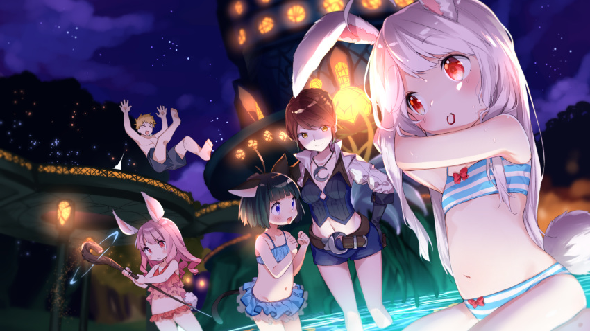 &gt;_&lt; 1boy 4girls adjusting_hair animal_ears arms_up barefoot belt bikini black_gloves black_hair blonde_hair blue_eyes breasts brown_eyes brown_hair bunny_tail cat_ears cat_tail cleavage closed_eyes curly_hair elf elin_(tera) flat_chest frilled_bikini frills gloves hair_tie hand_on_another's_head hand_on_hip high_elf highres long_hair magic midriff mouth_hold multiple_girls navel night night_sky open_mouth outdoors partially_submerged petting pink_eyes pink_hair pointy_ears rabbit_ears red_eyes shirt short_hair shorts silver_hair sitting sky smile staff star_(sky) striped striped_bikini swimsuit tail tera_online topless tousaki_shiina wading water weapon