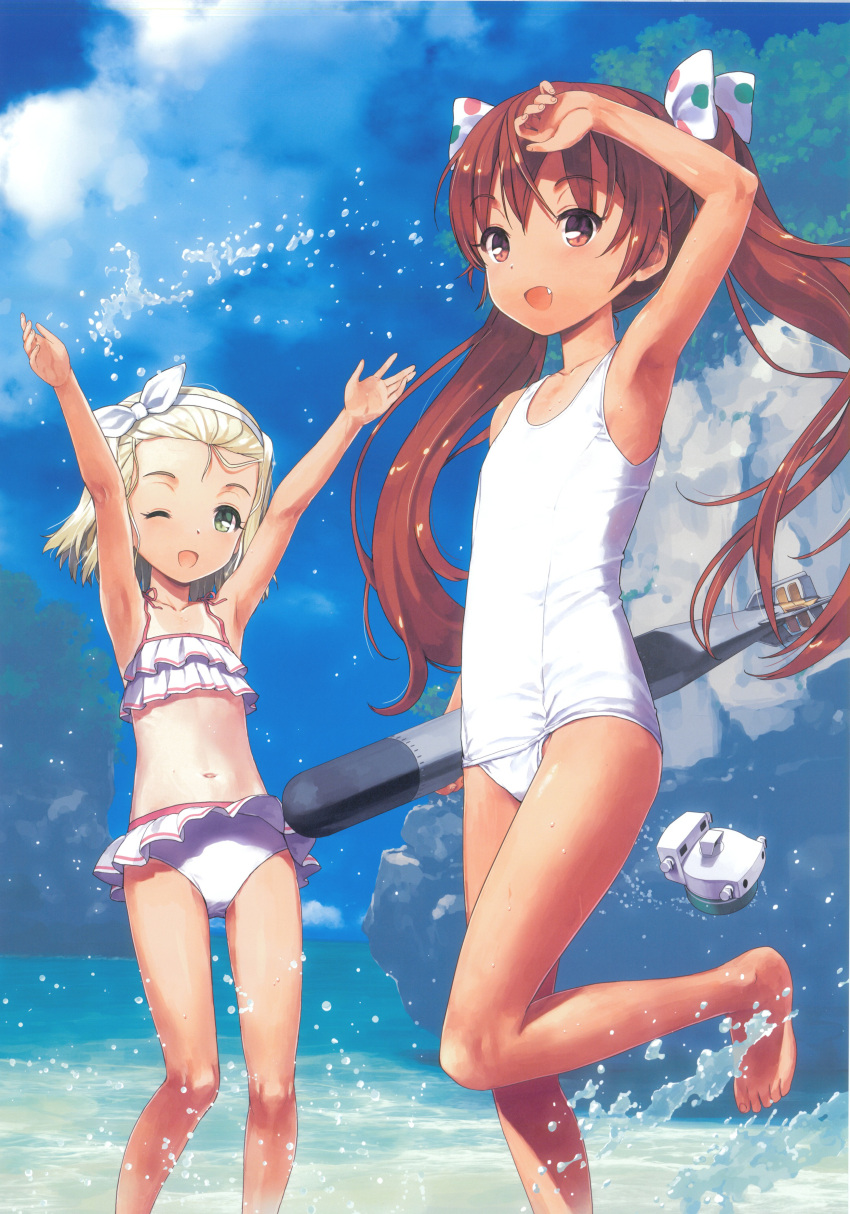 2girls absurdres barefoot beach blonde_hair brown_eyes brown_hair child cosplay costume_switch cropped fang feet green_eyes hair_ribbon hairband highres i-504_(kantai_collection) jiji kantai_collection libeccio_(kantai_collection) luigi_torelli_(kantai_collection) multiple_girls official_art ribbon scan school_swimsuit short_hair smile swimsuit toes torpedo twintails white_school_swimsuit white_swimsuit