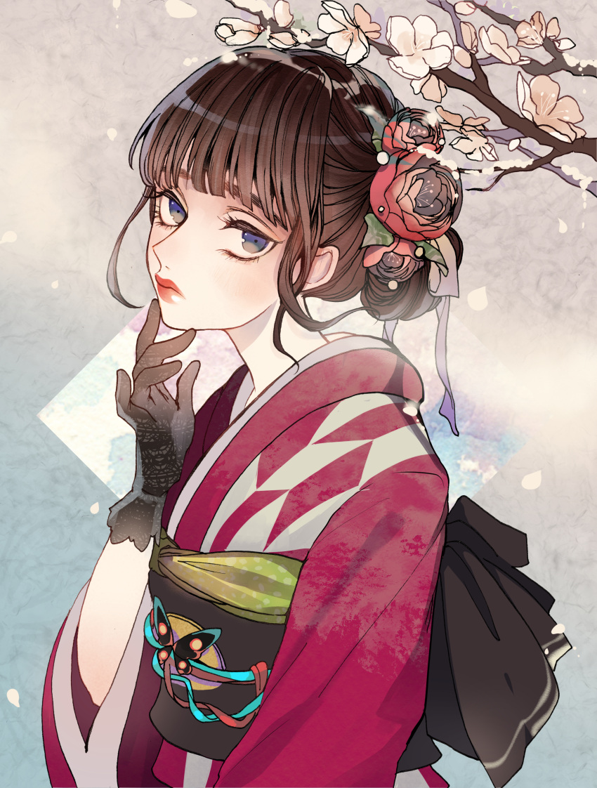 1girl absurdres bangs blue_eyes brown_hair butterfly_ornament closed_mouth commentary ears_visible_through_hair flower gloves hand_on_own_chin highres japanese_clothes kimono looking_at_viewer multicolored multicolored_background open_eyes original remon_(10112) shadow short_hair solo