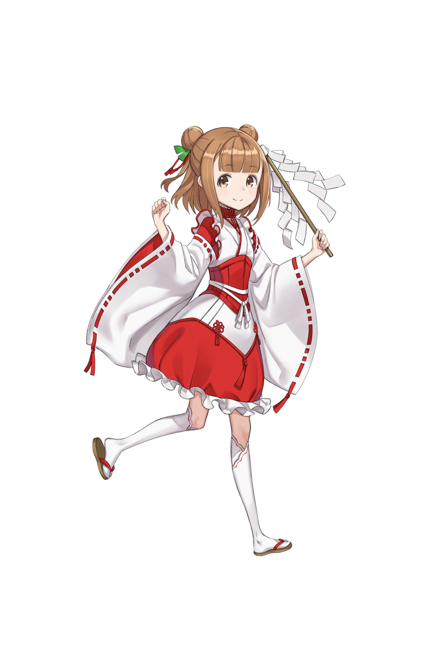 1girl beatrice_(princess_principal) brown_eyes brown_hair choker clenched_hand double_bun full_body highres japanese_clothes looking_at_viewer miko official_art princess_principal princess_principal_game_of_mission red_choker sandals shide short_hair smile solo standing standing_on_one_leg thigh-highs transparent_background white_legwear wide_sleeves