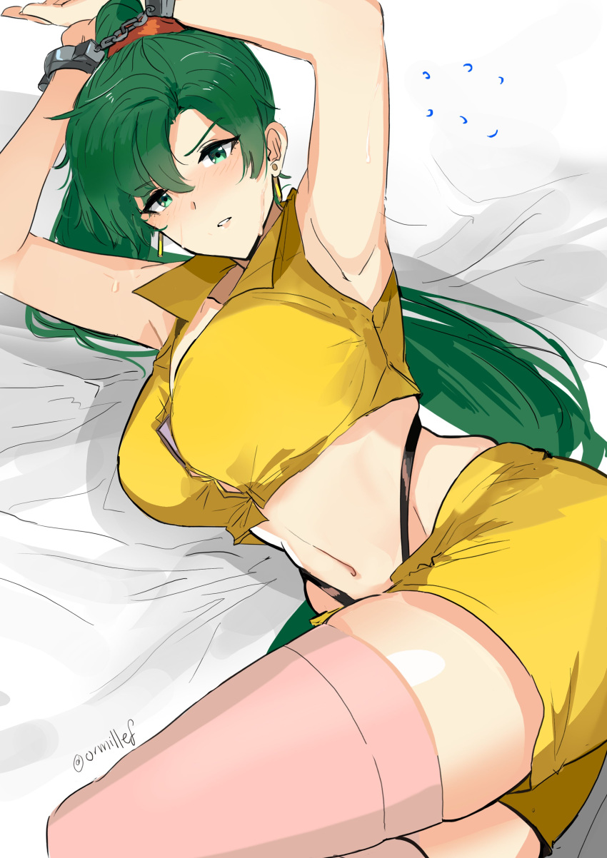 1girl absurdres armpits arms_up blush breasts cleavage cosplay cowboy_bebop dotentity faye_valentine faye_valentine_(cosplay) fire_emblem fire_emblem:_rekka_no_ken green_eyes green_hair high_ponytail highres large_breasts long_hair looking_at_viewer lying lyndis_(fire_emblem) navel on_side parted_lips ponytail solo sweat thigh-highs white_background yellow_hairband