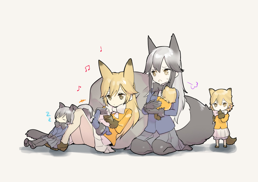 +++ 6+girls :o =3 animal_ears baby bean_bag_chair black_gloves black_legwear black_neckwear blonde_hair blue_jacket bow bowtie brown_eyes brown_gloves child closed_eyes extra_ears ezo_red_fox_(kemono_friends) fox_ears fox_tail fur-trimmed_sleeves fur_trim gloves grey_hair handheld_game_console highres if_they_mated implied_yuri ips_cells jacket kemono_friends long_hair multiple_girls musical_note omucchan_(omutyuan) orange_jacket pantyhose playing_games reclining silver_fox_(kemono_friends) skirt sleeping tail white_legwear white_neckwear white_skirt zzz