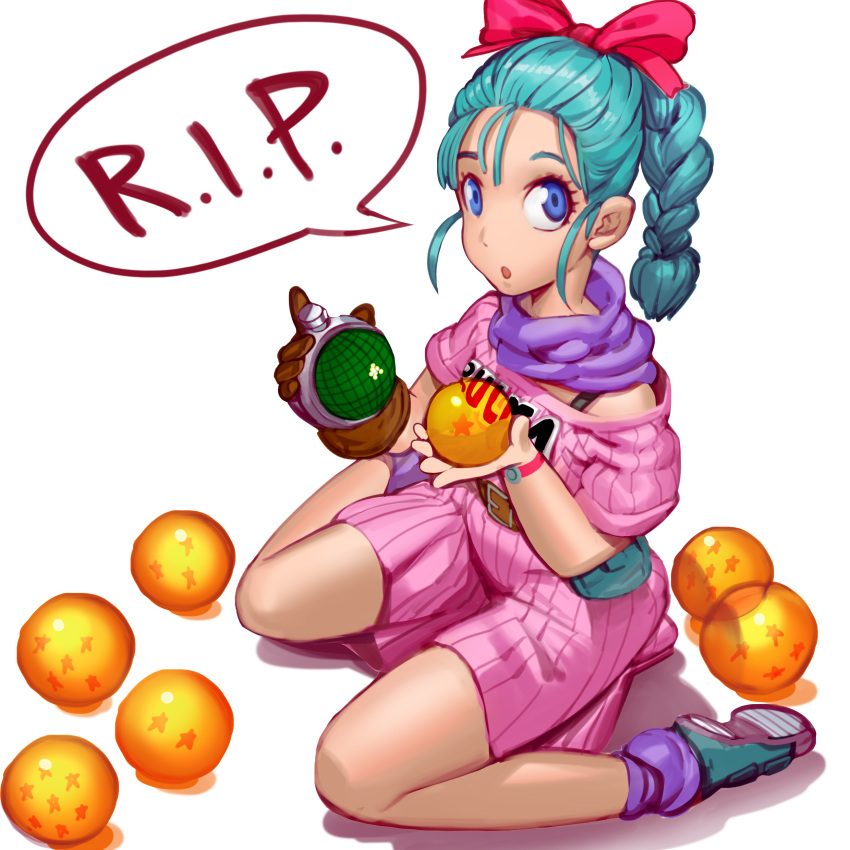 1girl :o absurdres blue_eyes blue_footwear blue_hair bow braid brown_gloves bulma character_name clothes_writing dragon_ball dragon_ball_(object) full_body gloves hair_bow highres holding jojaow pink_shirt pink_skirt ponytail red_bow shirt shoes short_hair simple_background single_glove sitting skirt socks solo speech_bubble tsuru_hiromi wariza white_background