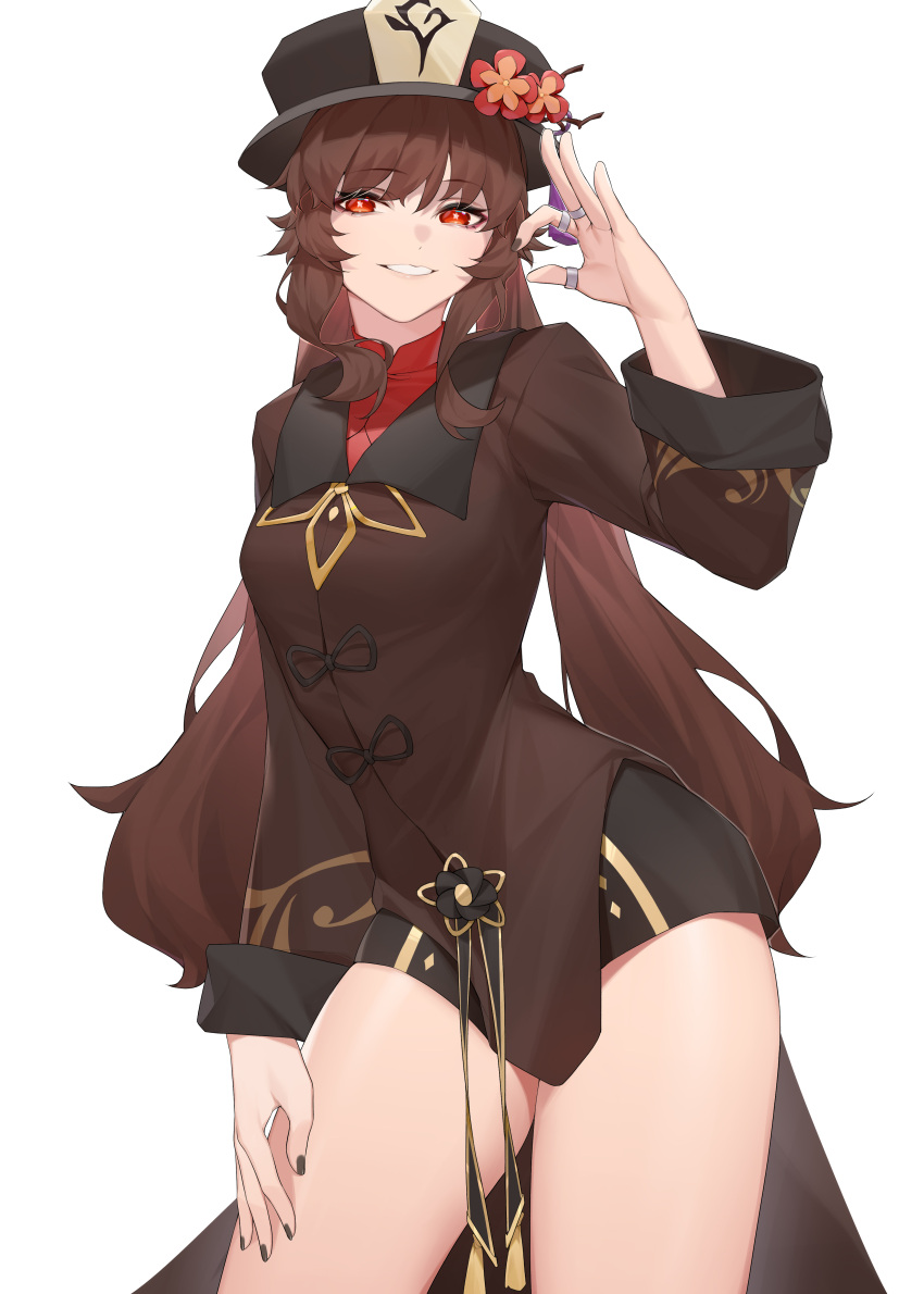 1girl absurdres bangs black_nails black_shorts brown_hair brown_jacket chinese_clothes chinese_commentary contrapposto cowboy_shot darling0221 genshin_impact grin hat highres hu_tao_(genshin_impact) jacket jewelry long_hair multiple_rings porkpie_hat red_eyes ring shorts smile solo symbol-shaped_pupils thighs twintails very_long_hair