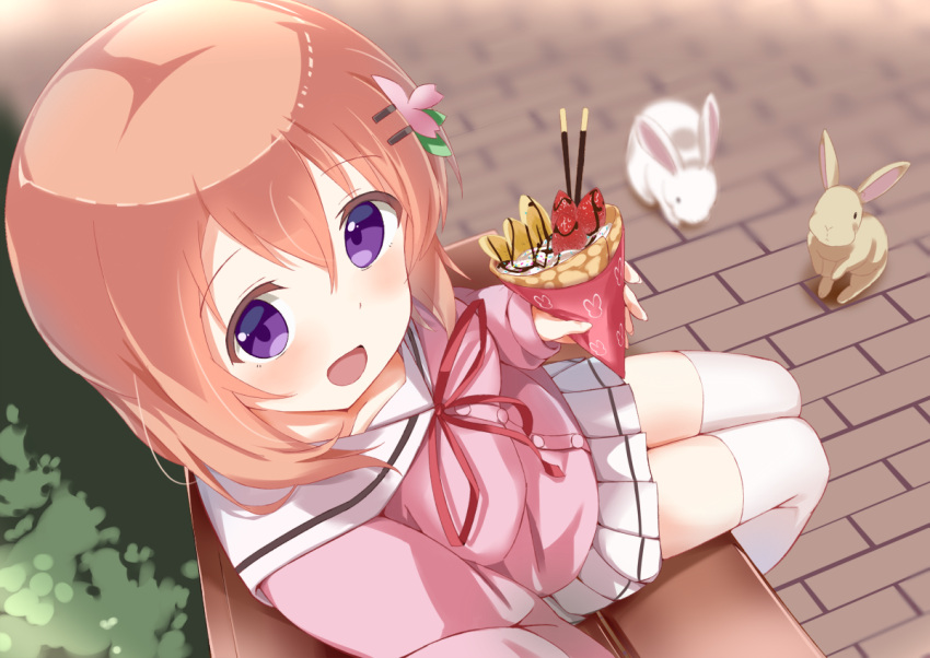 1girl :d animal bangs bench blouse blush breasts buttons chocolate collarbone commentary_request crepe eyebrows_visible_through_hair food from_above fruit gochuumon_wa_usagi_desu_ka? guraasan hair_between_eyes holding holding_food hoto_cocoa hoto_cocoa's_school_uniform long_sleeves looking_at_viewer neck_ribbon on_bench open_mouth orange_hair outdoors pink_blouse pleated_skirt pocky rabbit red_neckwear ribbon sailor_collar school_uniform serafuku short_hair sitting skirt small_breasts smile sprinkles strawberry thigh-highs violet_eyes whipped_cream white_legwear white_sailor_collar white_skirt zettai_ryouiki