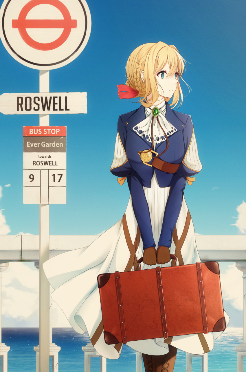 1girl ascot blonde_hair blue_jacket blue_sky braid brown_gloves day dress gloves green_eyes hair_ornament hair_ribbon highres horizon jacket jewelry looking_away ocean red_ribbon ribbon rko_(a470350510) short_hair sky solo standing tied_hair violet_evergarden violet_evergarden_(character)