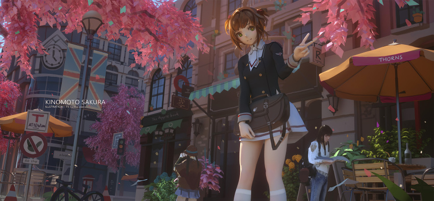 1girl bag bangs bicycle blush brown_hair building buttons card_captor_sakura chair cherry_blossoms city clock closed_mouth collar commentary_request day eyebrows_visible_through_hair flower green_eyes ground_vehicle highres hydrangea ibara_dance kinomoto_sakura lamppost long_sleeves looking_at_viewer necktie outdoors patio patio_umbrella road road_sign scenery school_uniform short_hair sidelocks sign skirt sleeve_cuffs smile socks street table traffic_cone traffic_light tree union_jack v white_legwear