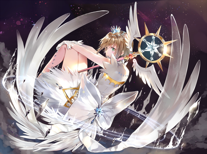 1girl antenna_hair brown_hair card_captor_sakura crown gloves green_eyes hinahino kinomoto_sakura looking_at_viewer magical_girl short_hair sky star wand white_gloves wings yume_no_tsue