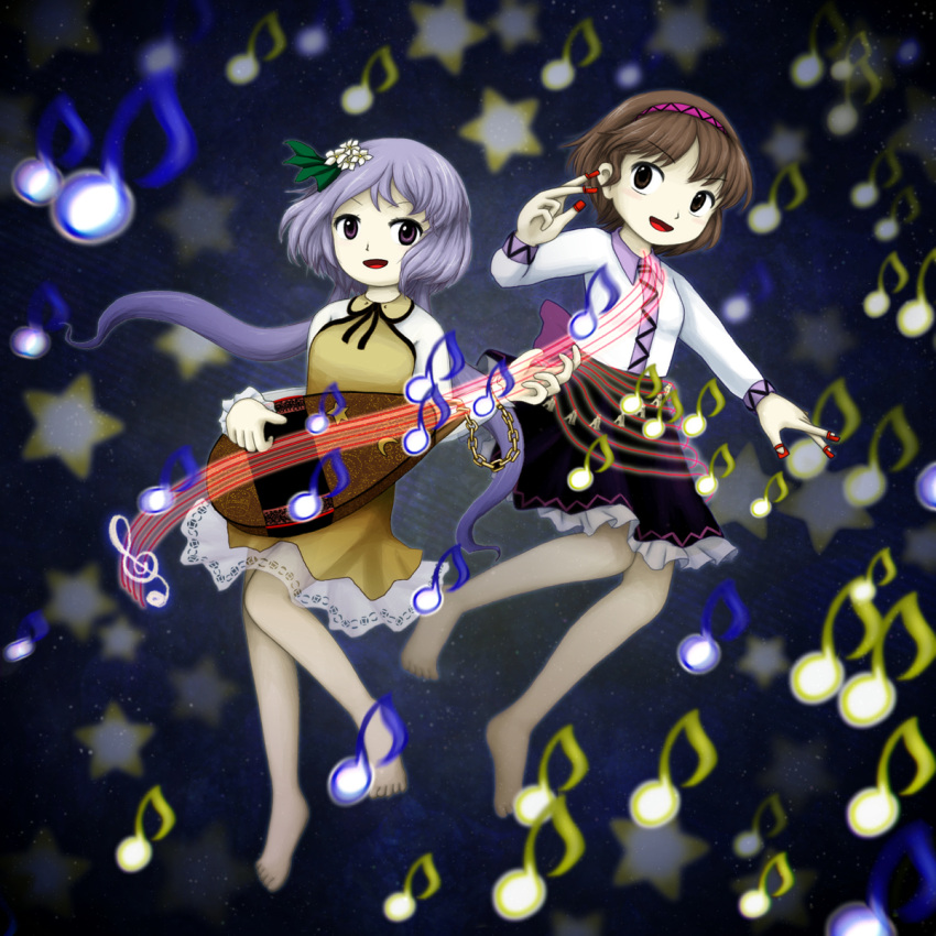 2girls :d bangs bare_legs barefoot biwa_lute black_ribbon black_skirt breasts brown_dress brown_eyes brown_hair collared_dress collared_shirt crescent_moon danmaku dress eyebrows eyebrows_visible_through_hair flower frilled_skirt frills green_ribbon hair_flower hair_ornament hair_ribbon hairband highres holding holding_instrument instrument long_hair long_sleeves looking_at_viewer looking_away looking_to_the_side low_twintails lute_(instrument) moon multiple_girls musical_note official_style oota_jun'ya_(style) open_mouth parody parted_bangs pink_hairband purple_hair quaver ribbon see-through shirt short_hair skirt small_breasts smile star style_parody tareme tongue touhou tsukumo_benben tsukumo_yatsuhashi twintails undershirt v-shaped_eyebrows violet_eyes white_shirt ys_(fall)