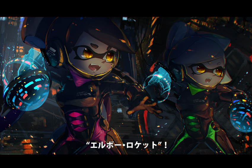 +_+ 2girls alternate_costume aori_(splatoon) arm_up armor black_armor black_gloves black_hair bodysuit breasts cable clenched_hand commentary_request cousins cowboy_shot domino_mask drivesuit fangs fighting_stance gloves glowing green_bodysuit grey_hair headgear highres hotaru_(splatoon) inkling_(language) kashu_(hizake) legs_apart letterboxed light_particles long_hair looking_away mask medium_hair mole mole_under_eye monster_girl motion_blur multiple_girls open_mouth pacific_rim pink_bodysuit science_fiction serious shiny shiny_hair short_eyebrows shouting small_breasts sparks splatoon splatoon_1 stairs standing tentacle_hair translation_request yellow_eyes