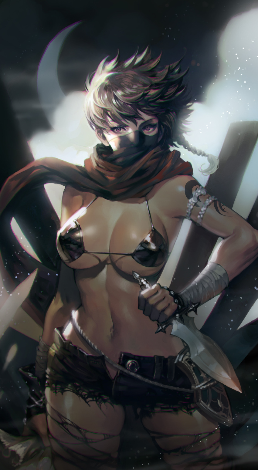 1girl absurdres bag bandage bikini_top braid breasts character_request chromatic_aberration cleavage covered_mouth cowboy_shot dagger ears erect_nipples fingerless_gloves gloves highres holding holding_bag holding_dagger holding_weapon jewelry mabinogi_duel moon navel nessi reverse_grip scarf sheath short_hair short_shorts shorts skindentation solo tattoo weapon