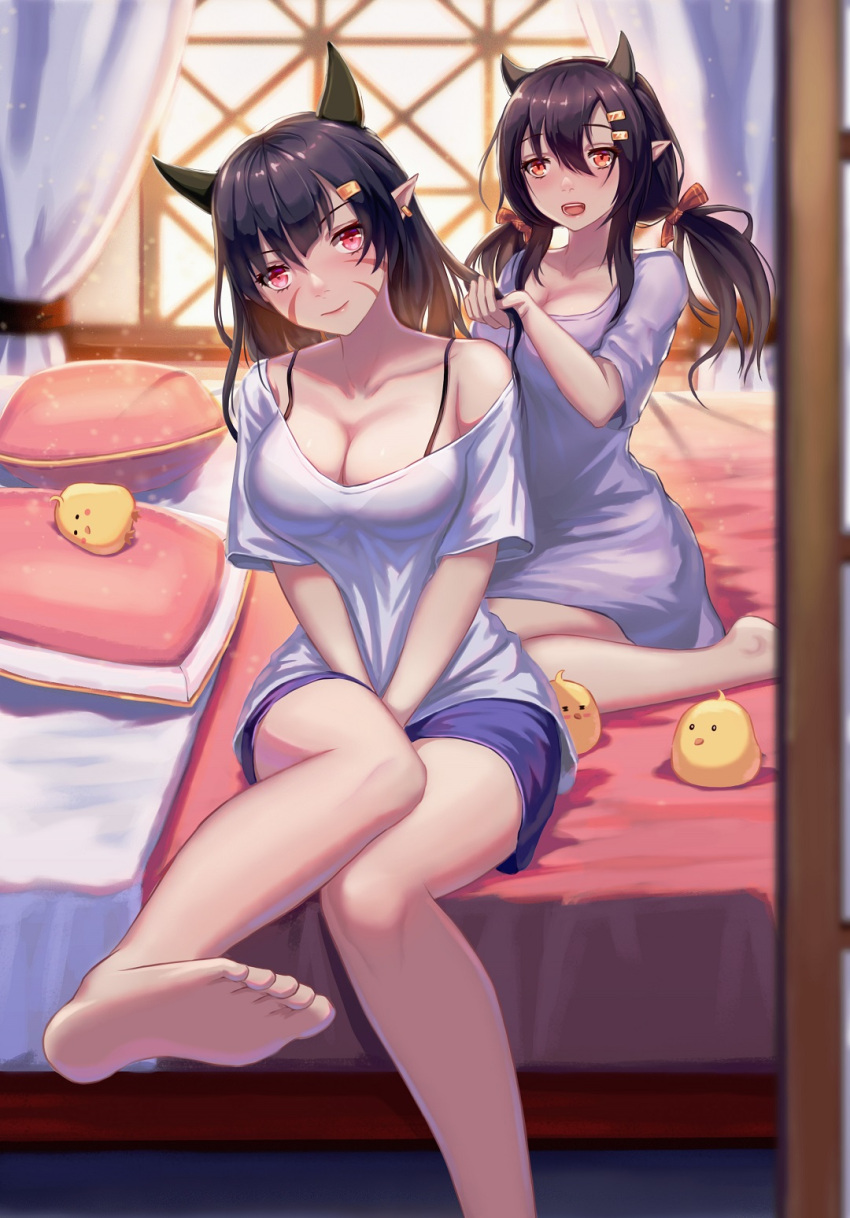 2girls 5555_96 abukuma_(azur_lane) adjusting_another's_hair alternate_costume animal_ears azur_lane barefoot black_bra black_hair blush bra breasts brown_eyes cleavage collarbone commentary_request curtains feet hair_ornament hairclip highres indoors large_breasts long_hair looking_at_viewer multiple_girls nagara_(azur_lane) on_bed open_mouth shirt short_sleeves smile toes twintails underwear white_shirt