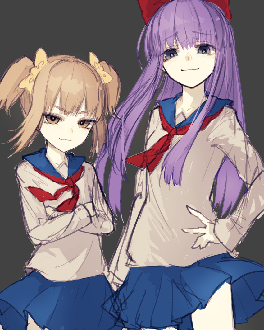2girls :3 absurdres blue_eyes brown_eyes brown_hair crossed_arms hair_ribbon hand_on_hip height_difference highres long_hair multiple_girls neck_ribbon pipimi poptepipic popuko purple_hair ribbon riuichi sailor_collar school_uniform skirt smile smirk twintails violet_eyes