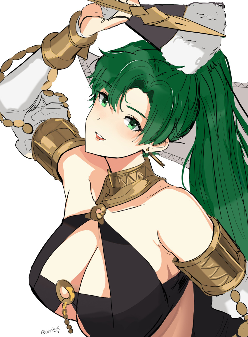 1girl absurdres bare_shoulders breasts cleavage cosplay dotentity fire_emblem fire_emblem:_kakusei fire_emblem:_rekka_no_ken fire_emblem_heroes green_eyes green_hair hair_ornament high_ponytail highres jewelry large_breasts long_hair looking_at_viewer lyndis_(fire_emblem) midriff olivia_(fire_emblem) olivia_(fire_emblem)_(cosplay) open_mouth ponytail smile solo upper_body