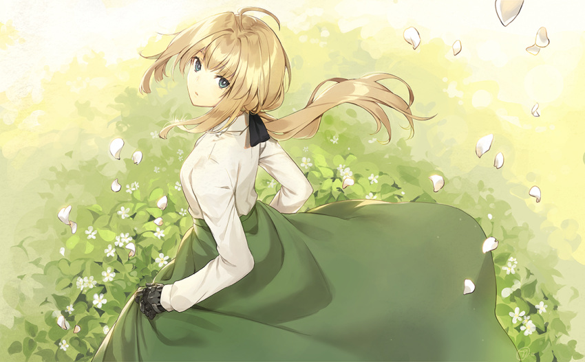 1girl bangs blonde_hair blue_eyes braid bush day dress flower from_above grass green_skirt hair_ribbon holding_skirt long_hair long_sleeves looking_at_viewer looking_back looking_up mechanical_hand naguri outdoors petals ribbon shirt short_hair skirt solo standing violet_evergarden violet_evergarden_(character) white_shirt wind