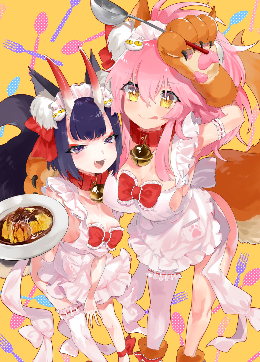 2girls :d :q aano_(10bit) absurdres animal_ears apron bell bell_collar breasts cleavage collar erect_nipples eyeliner fang fate/grand_order fate_(series) food fox_ears fox_tail hair_ornament highres horns ladle large_breasts leaning_forward long_hair looking_at_viewer maid_headdress makeup medium_breasts multiple_girls naked_apron omurice oni open_mouth paws pink_hair ponytail purple_hair short_hair shuten_douji_(fate/grand_order) single_thighhigh smile standing tail tamamo_(fate)_(all) tamamo_cat_(fate) thigh-highs tongue tongue_out violet_eyes white_legwear