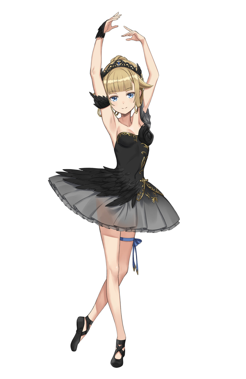 1girl armband armpits arms_up ballet_slippers bare_shoulders black_dress black_footwear blue_eyes blue_ribbon breasts dress full_body hair_bun hair_rings highres looking_at_viewer official_art princess_(princess_principal) princess_principal princess_principal_game_of_mission ribbon short_hair small_breasts smile solo standing standing_on_one_leg tiara transparent_background