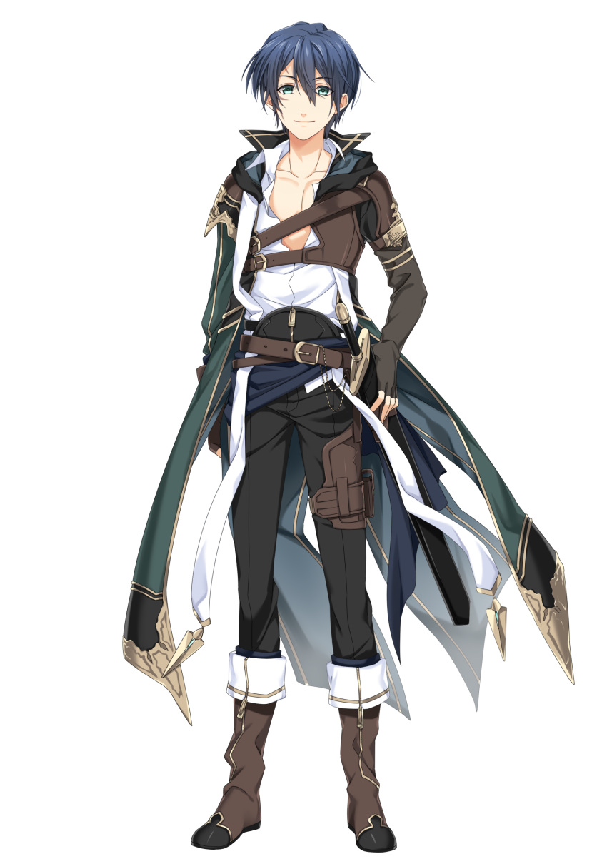 1boy absurdres arm_at_side belt black_hair black_pants blue_eyes brown_footwear full_body highres looking_at_viewer male_focus original pants pouch sheath sheathed smile standing sword thigh_strap urushibara_rikka weapon zipper