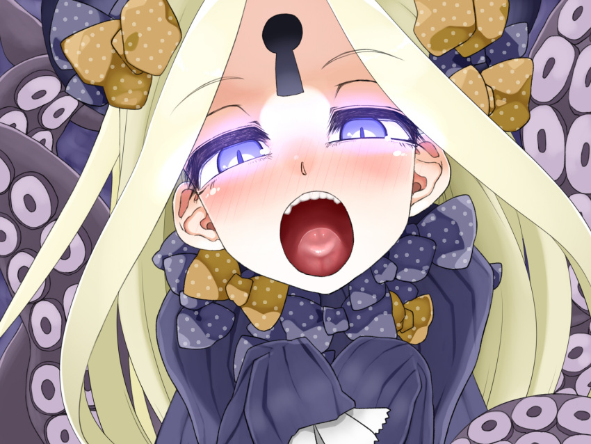 1girl abigail_williams_(fate/grand_order) bangs black_bow black_dress black_hat blonde_hair blue_eyes blush bow commentary_request dress eyebrows_visible_through_hair fate/grand_order fate_(series) glowing glowing_eyes hair_bow hat highres irodori_(irotoridori) keyhole long_sleeves looking_at_viewer nose_blush open_mouth orange_bow parted_bangs polka_dot polka_dot_bow sleeves_past_wrists solo suction_cups tentacle tongue unmoving_pattern