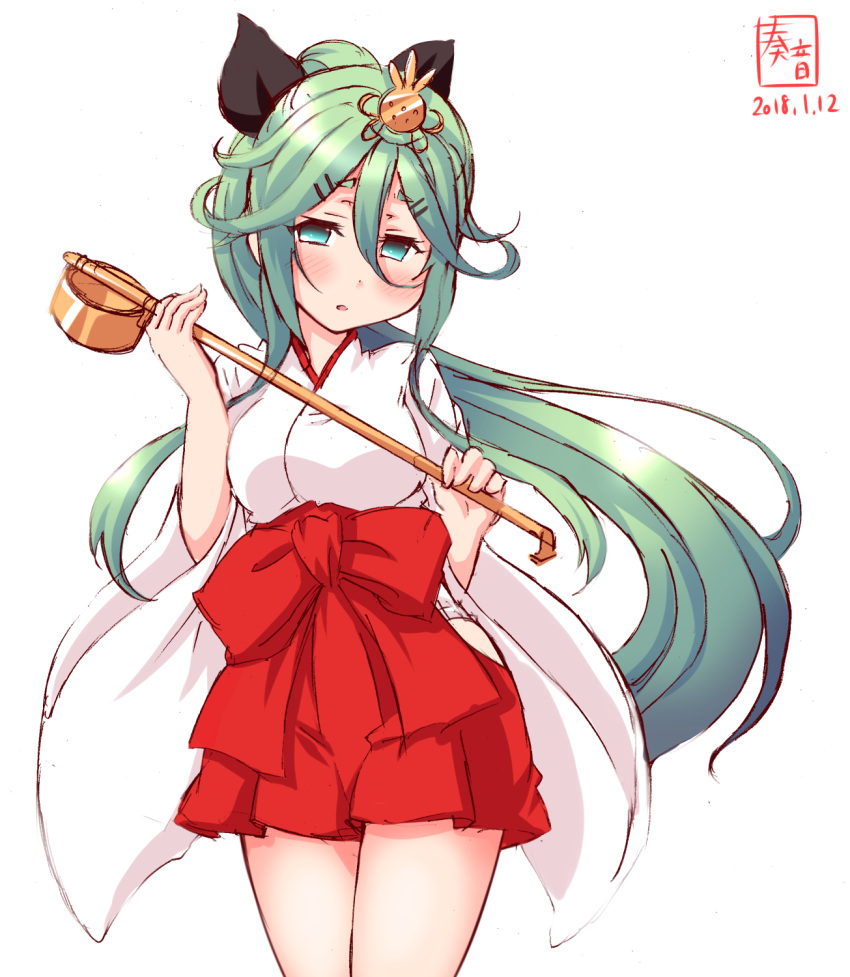 1girl black_ribbon crown dated green_eyes green_hair hair_between_eyes hair_ornament hair_ribbon hakama highres hinamatsuri japanese_clothes kanon_(kurogane_knights) kantai_collection ladle logo long_hair miko open_mouth ponytail red_hakama ribbon skirt skirt_set wide_sleeves yamakaze_(kantai_collection)