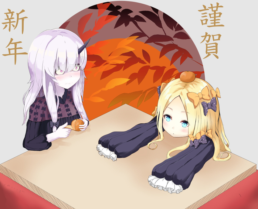 2girls abigail_williams_(fate/grand_order) bags_under_eyes bangs black_bow black_dress blonde_hair blue_eyes blush bow closed_mouth commentary_request dress eyebrows_visible_through_hair fate/grand_order fate_(series) food food_on_head fruit hair_between_eyes hair_bow highres kotatsu lavinia_whateley_(fate/grand_order) long_hair long_sleeves mandarin_orange multiple_girls no_hat no_headwear nose_blush object_on_head orange_bow pale_skin parted_bangs pink_eyes polka_dot polka_dot_bow silver_hair sleeves_past_wrists table wide-eyed yasuhisa_(18456628)