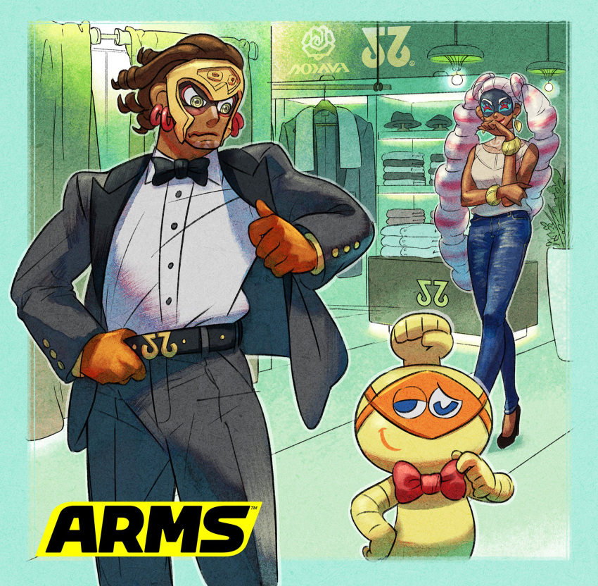 1boy 1girl al_bhed_eyes alternate_costume arms_(game) belt brown_hair cobushii_(arms) commentary_request dark_skin dark_skinned_male earrings highres ishikawa_masaaki jewelry logo long_hair mask misango official_art robot silver_hair tuxedo twintelle_(arms)