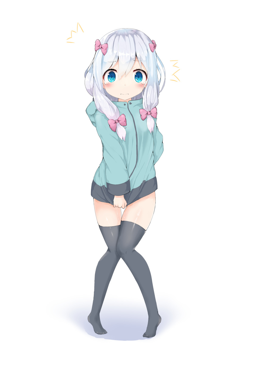 /\/\/\ 1girl absurdres bangs black_legwear blue_eyes blush bow closed_mouth clothes_tug commentary_request covering covering_crotch eromanga_sensei eyebrows_visible_through_hair full_body green_jacket hair_between_eyes hair_bow highres hood hood_down hooded_jacket izumi_sagiri jacket jacket_tug knees_together_feet_apart looking_at_viewer pink_bow silver_hair solo standing tears thigh-highs tiptoes white_background yasuhisa_(18456628)