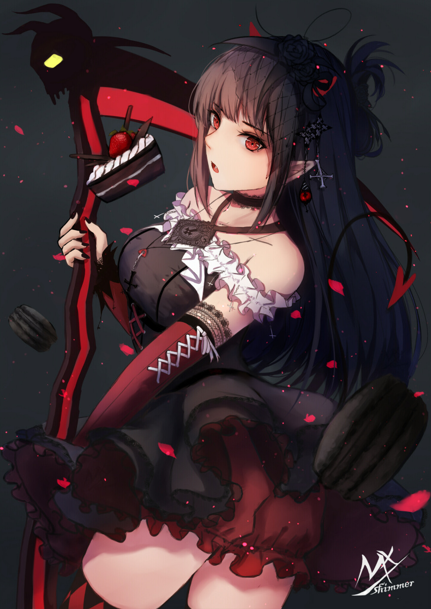 1girl artist_name bangs bare_shoulders black_hair blunt_bangs cake choker cross cross_necklace dark_background demon_girl detached_sleeves fangs fingernails food hair_ornament highres holding holding_weapon jewelry lace long_hair nail_polish necklace open_mouth original petals pointy_ears red_eyes scythe shimmer shy_(953416992) sidelocks signature solo thigh-highs weapon zettai_ryouiki