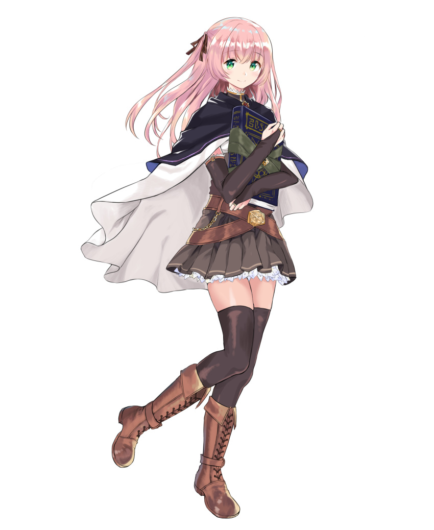 1girl black_gloves black_legwear black_skirt book brown_footwear cape cross-laced_footwear elbow_gloves full_body gloves green_eyes hair_ribbon highres holding holding_book inouelog looking_at_viewer original pink_hair ribbon skirt smile solo standing standing_on_one_leg thigh-highs