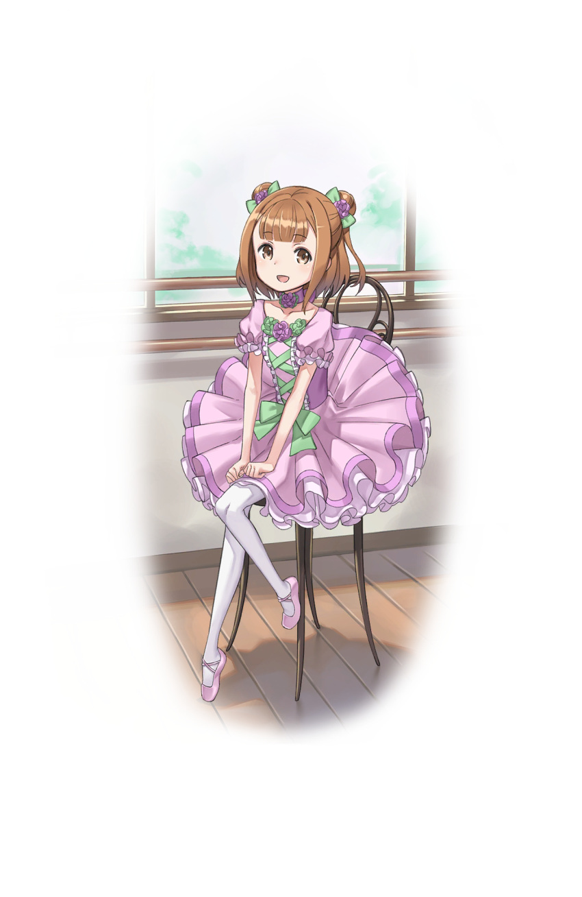 1girl :d ballet_slippers barre beatrice_(princess_principal) brown_eyes brown_hair chair double_bun dress flat_chest flower frilled_dress frills hair_flower hair_ornament highres inside leggings looking_at_viewer official_art open_mouth princess_principal princess_principal_game_of_mission puffy_short_sleeves puffy_sleeves purple_dress short_hair short_sleeves sitting smile solo transparent_background white_legwear window wooden_floor