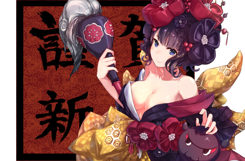 1girl bare_shoulders black_hair blue_eyes board_game breasts calligraphy_brush commentary_request fate/grand_order fate_(series) flower go hair_flower hair_ornament hairpin highres japanese_clothes katsushika_hokusai_(fate/grand_order) kimono looking_at_viewer medium_breasts new_year obi octopus paintbrush sash shionji_ax short_hair