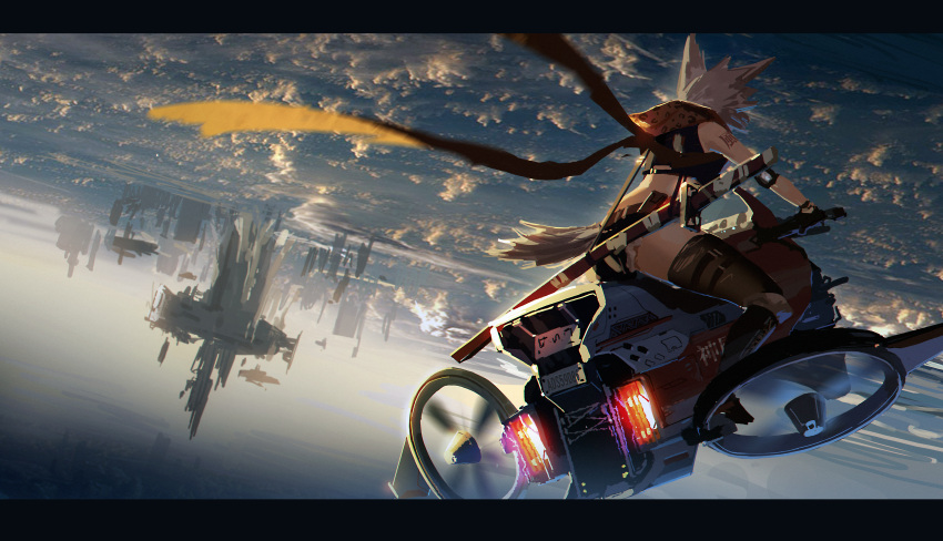 1girl absurdres aircraft animal_ears black_legwear clouds commentary_request crop_top day doitsu_no_kagaku driving facing_away flying from_behind highres letterboxed original outdoors scarf scenery science_fiction short_hair solo tail tattoo thigh-highs wristband yellow_scarf