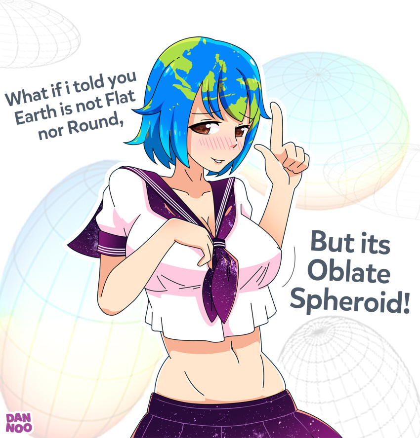 1girl arm_up australia bangs black_skirt blue_hair blush breasts brown_eyes cowboy_shot dannoo earth earth-chan english engrish eyebrows_visible_through_hair green_hair hand_on_own_chest highres index_finger_raised large_breasts looking_at_viewer midriff multicolored_hair navel neckerchief original personification pointing pointing_up ranguage sailor_collar school_uniform serafuku shirt short_hair short_sleeves skirt smile solo symbol_in_eye