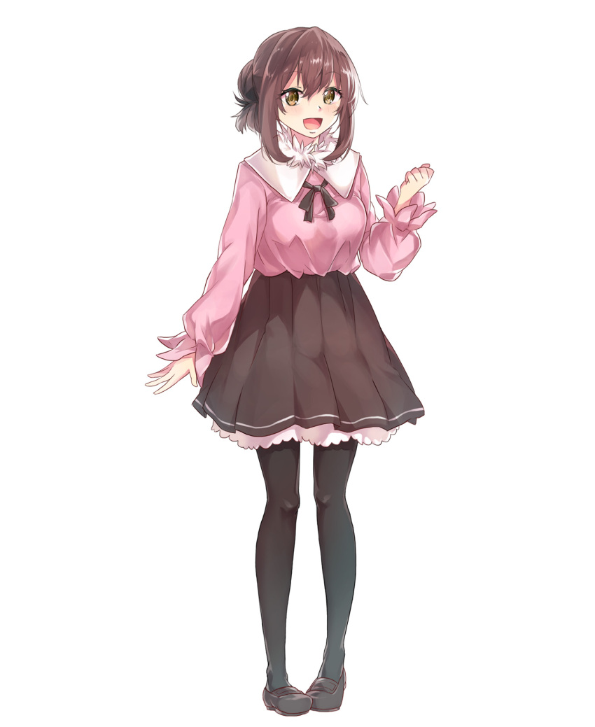 1girl :d arm_at_side black_footwear black_legwear bon_(bonbon315) brown_eyes brown_hair brown_skirt clenched_hand full_body highres looking_at_viewer medium_hair open_mouth original pantyhose pink_shirt shirt skirt smile solo standing