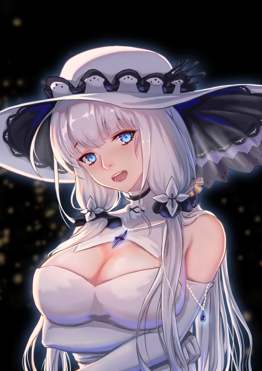1girl 5555_96 :d azur_lane bangs bare_shoulders blue_eyes blunt_bangs blurry blurry_background blush breast_hold breasts cleavage cleavage_cutout dark_background dress elbow_gloves eyelashes gem gloves hair_ribbon hat head_tilt highres illustrious_(azur_lane) jewelry large_breasts long_hair looking_at_viewer low-tied_long_hair necklace open_mouth pendant ribbon round_teeth shiny shiny_hair silver_hair sleeveless sleeveless_dress smile solo sun_hat teeth upper_body very_long_hair white_dress white_gloves white_hat
