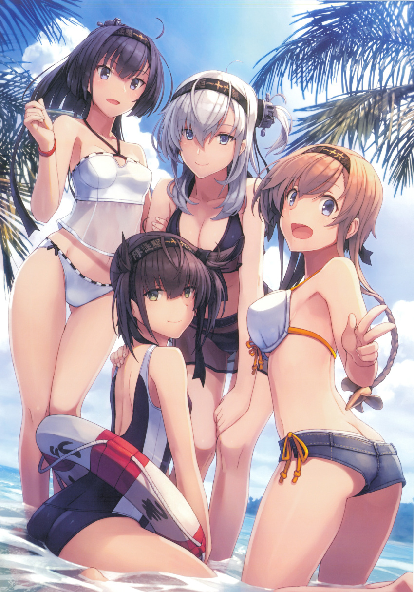 4girls :d absurdres akizuki_(kantai_collection) ass bikini black_bikini black_hair blue_sky braid breasts bright_pupils brown_hair cleavage closed_mouth clouds cloudy_sky cropped day from_side hair_between_eyes halterneck hand_on_another's_shoulder hatsuzuki_(kantai_collection) headband highres innertube kantai_collection leaning_forward long_hair medium_breasts multiple_girls official_art one-piece_swimsuit one_side_up open_mouth outdoors palm_tree ponytail scan shizuma_yoshinori short_shorts shorts silver_hair sky small_breasts smile suzutsuki_(kantai_collection) swimsuit teruzuki_(kantai_collection) tree w white_bikini wristband