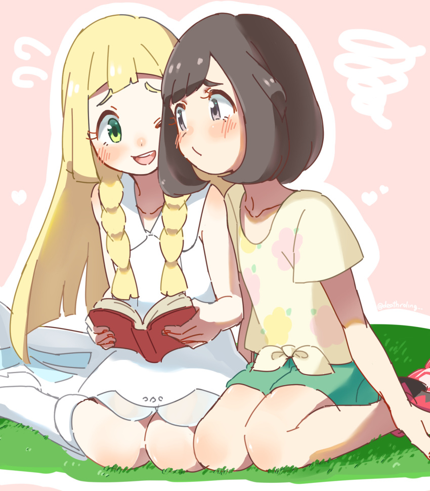 2girls artist_name black_hair blonde_hair blush book commentary_request deathroling dress floral_print grass green_eyes green_shorts grey_eyes hat hat_removed headwear_removed heart highres holding holding_book lillie_(pokemon) mizuki_(pokemon_sm) multiple_girls no_hat no_headwear one_eye_closed open_book open_mouth pokemon pokemon_(game) pokemon_sm seiza shirt short_sleeves shorts sitting squiggle tied_shirt wariza white_dress white_hat yellow_shirt yuri