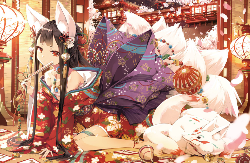 1girl animal_ears architecture bangs bare_shoulders barefoot bell black_hair blunt_bangs cherry_blossoms closed_mouth collarbone cura east_asian_architecture fan floral_print folding_fan fox fox_ears fox_tail hair_ribbon highres holding japanese_clothes jingle_bell kimono kyuubi lamp lantern lipstick long_hair looking_at_viewer magatama makeup multiple_tails night ofuda original paper_lantern red_eyes red_kimono ribbon sarashi sidelocks sitting smile solo tail torii