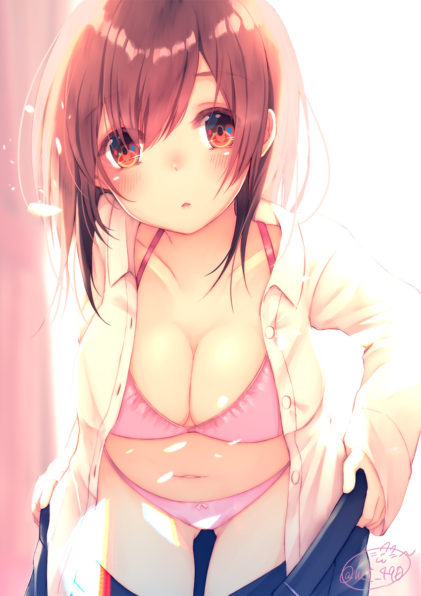 1girl bangs blue_skirt blush bow bow_panties bra breasts brown_eyes brown_hair chita_(ketchup) cleavage collarbone collared_shirt commentary_request dress_shirt eyebrows_visible_through_hair gluteal_fold hair_between_eyes halter_top halterneck highres leaning_forward long_sleeves looking_at_viewer medium_breasts navel open_clothes open_shirt original panties parted_lips pink_bra pink_panties pleated_skirt shirt signature skirt sleeves_past_wrists solo underwear undressing white_shirt