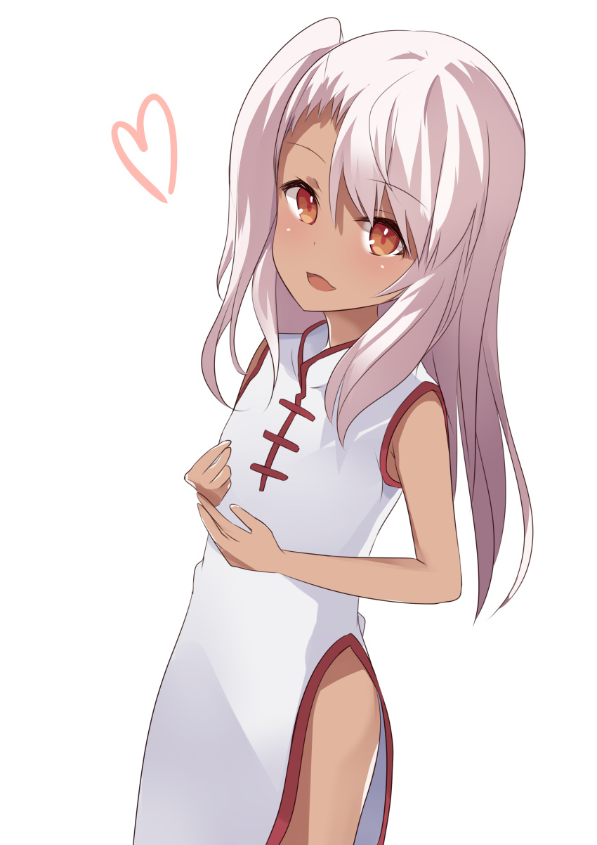 1girl :d absurdres bangs bare_arms blush brown_eyes china_dress chinese_clothes chloe_von_einzbern commentary_request dark_skin dress eyebrows_visible_through_hair fate/kaleid_liner_prisma_illya fate_(series) hair_between_eyes heart highres long_hair looking_at_viewer natsu_(sinker8c) one_side_up open_mouth pelvic_curtain silver_hair simple_background sleeveless sleeveless_dress smile solo white_background white_dress