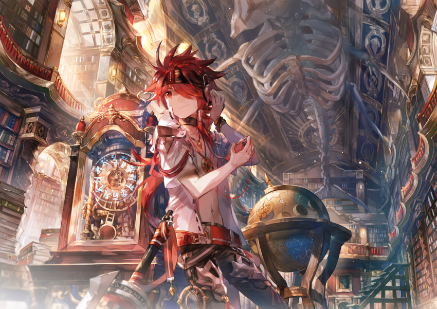 belt cellphone choker clock colored elsword elsword_(character) globe hair_over_one_eye hairband headphones indoors jewelry library long_hair necklace open_clothes open_shirt pants pauldrons phone ponytail red_eyes redhead rune_master_(elsword) scorpion5050 shirt sidelocks skeleton smartphone solo sword weapon