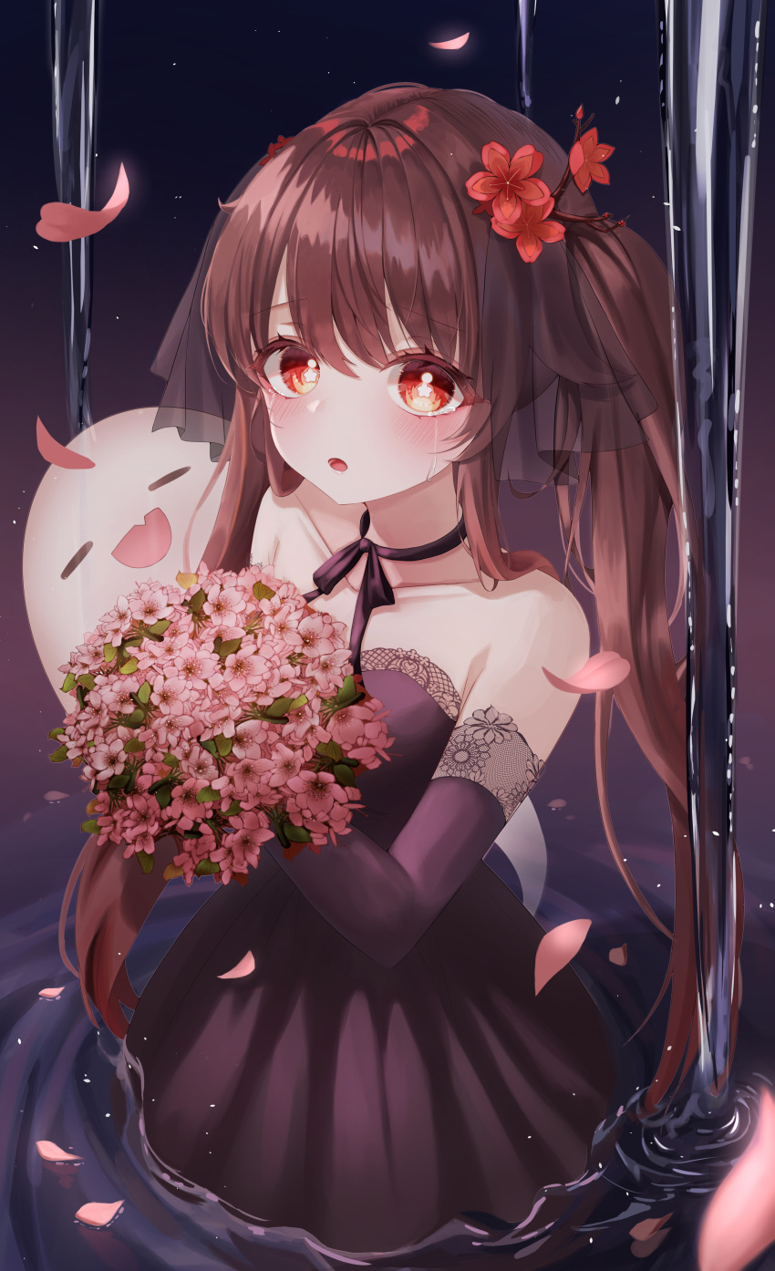 1girl absurdres blush bouquet brown_hair crying crying_with_eyes_open dress flower genshin_impact ghost gloves highres hu_tao_(genshin_impact) long_hair looking_at_viewer open_mouth parted_lips petals plum_blossoms red_eyes solo tears twintails wading water zuu_1028