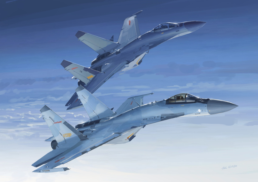 aircraft airplane blue_sky clouds fighter_jet flying hjl jet military military_vehicle original outdoors sky su-27