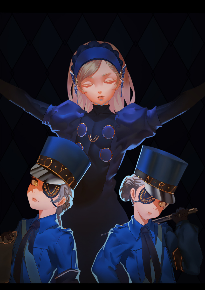 3girls armband black_background black_gloves blonde_hair blue_dress blue_shirt braid caroline_(persona_5) closed_eyes commentary_request double_bun dress elbow_gloves eyepatch gloves hair_bun hairband hat highres justine_(persona_5) lavenza long_hair looking_at_viewer military_hat multiple_girls necktie original outstretched_arms persona persona_5 ray_(nagaseray) shirt siblings spread_arms tagme twins yellow_eyes