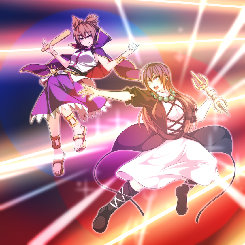 2girls beads brown_hair cape cross-laced_footwear full_body gradient_hair highres hijiri_byakuren jewelry kuroba_rapid long_hair multicolored_hair multiple_girls necklace pointy_hair prayer_beads purple_hair purple_skirt ritual_baton sandals short_hair short_sleeves skirt sleeveless touhou toyosatomimi_no_miko vajra_(object) violet_eyes