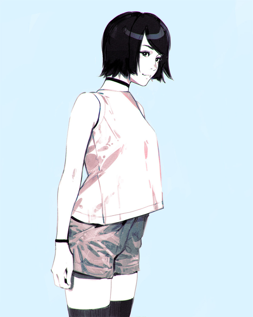 1girl bare_shoulders black_legwear blue_background bracelet choker closed_mouth cowboy_shot from_side highres ilya_kuvshinov jewelry legs_together looking_at_viewer looking_to_the_side monochrome original shirt short_hair short_shorts shorts simple_background sleeveless sleeveless_shirt smile standing thigh-highs