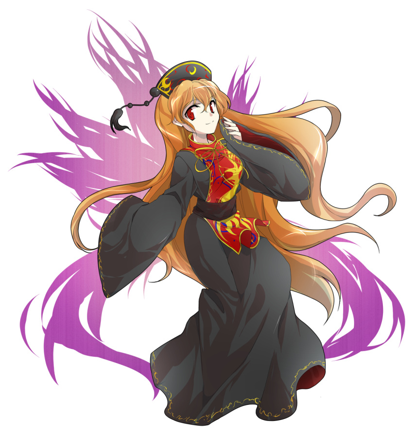 1girl alphes_(style) bangs beads black_dress black_hat breasts chinese_clothes closed_mouth crescent crescent_moon dairi dress energy eyebrows eyebrows_visible_through_hair facing_away fingernails fox_tail full_body hair_between_eyes hat highres junko_(touhou) long_fingernails long_hair long_sleeves looking_at_viewer medium_breasts moon multiple_tails orange_hair parody red_eyes ribbon sash simple_background sleeves_past_wrists smile solo style_parody tabard tail tassel touhou transparent_background turtleneck very_long_hair wide_sleeves yellow_ribbon