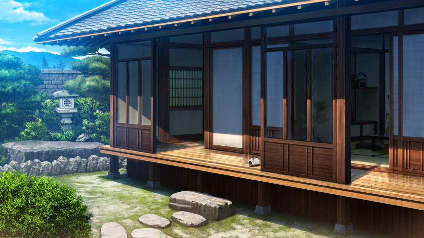 blue_sky building bush clouds commentary_request dacchi day garden highres house kayari_buta mountain no_humans original outdoors rural scenery sky stone_lantern stone_wall table tree veranda wall zabuton