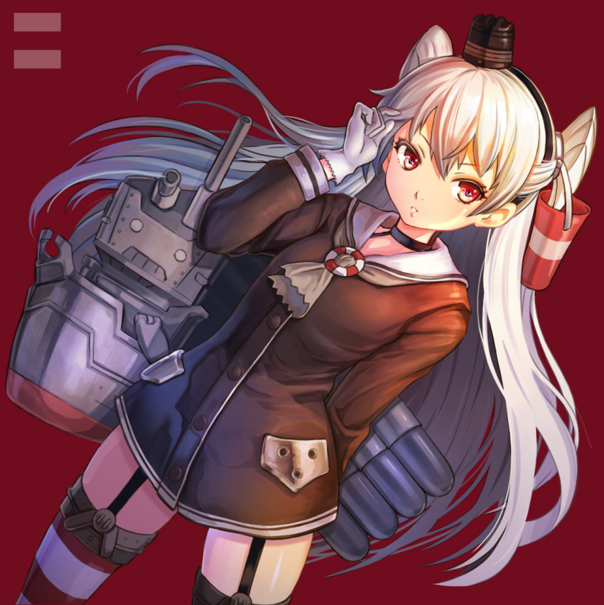 1girl amatsukaze_(kantai_collection) arm_behind_back bangs black_choker black_hairband black_hat blush brown_neckwear brown_shirt buttons choker eyebrows_visible_through_hair garter_straps gloves hair_tubes hairband hand_up hat kantai_collection legs_apart long_hair long_sleeves looking_at_viewer mini_hat neckerchief no_pants parted_lips red_background red_eyes rensouhou-kun school_uniform serafuku shiny shiny_skin shirt silver_hair simple_background solo standing standing_on_one_leg thigh-highs torpedo_tubes turret two_side_up umipro v-shaped_eyebrows very_long_hair white_gloves zettai_ryouiki