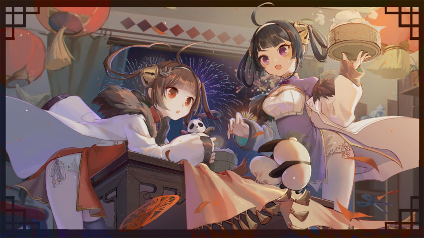 2girls :d :o aerial_fireworks ahoge animal azur_lane bamboo_steamer bangs baozi black_hair black_legwear blunt_bangs brown_hair china_dress chinese_clothes commentary_request curtains dress fireworks food fur-trimmed_jacket fur_trim guan_tang_baozi hairband hairpods highres indoors jacket lantern long_hair long_sleeves multiple_girls night night_sky ning_hai_(azur_lane) open_clothes open_jacket open_mouth panda paper_lantern parted_lips pelvic_curtain ping_hai_(azur_lane) purple_dress red_dress red_eyes scissors single_thighhigh sky sleeves_past_wrists smile standing sweat table thigh-highs twintails v-shaped_eyebrows violet_eyes white_hairband white_jacket window